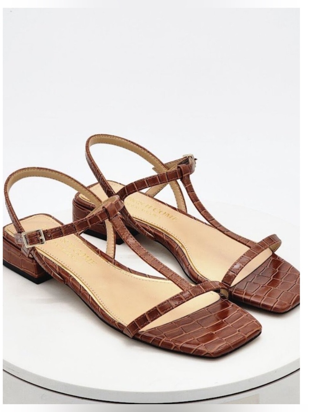 NWOT Croc-Embossed Brown T-Strap Low Block Sandals